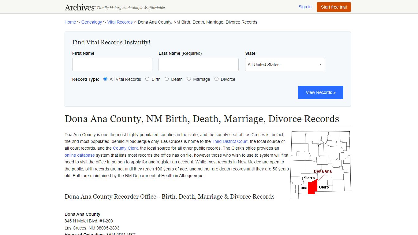 Dona Ana County, NM Birth, Death, Marriage, Divorce Records